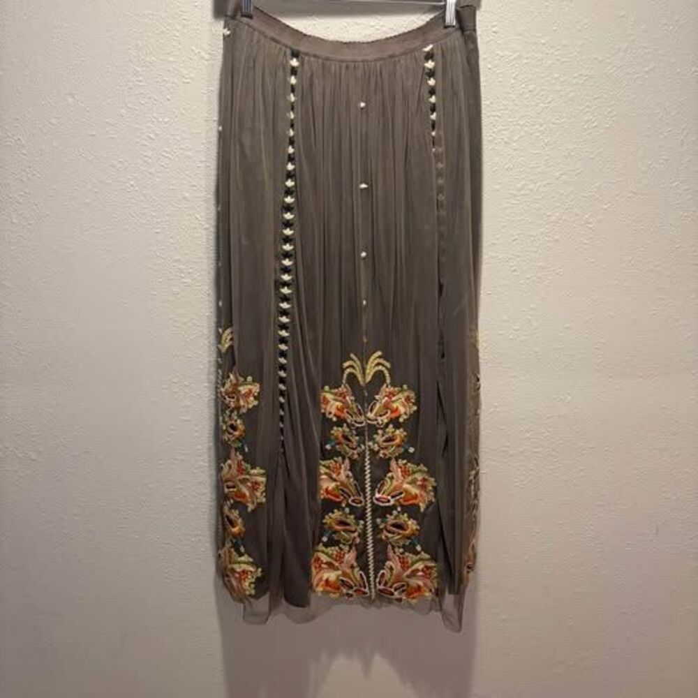 Sundance Adorabella Embroidered Mesh Maxi Skirt - Gray Floral Tulle Lined Size M